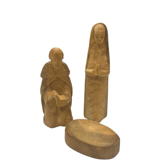 Vintage Hand Carved Nativity Set Lot of 5 3 Wise Men Camel Manger 4” Christmas - Picture 2 of 6